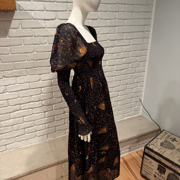 Farm Rio Boho Celestial Print Dress M | Smocked Midi Puff Sleeve Festival Luxe - Picture 12 of 16